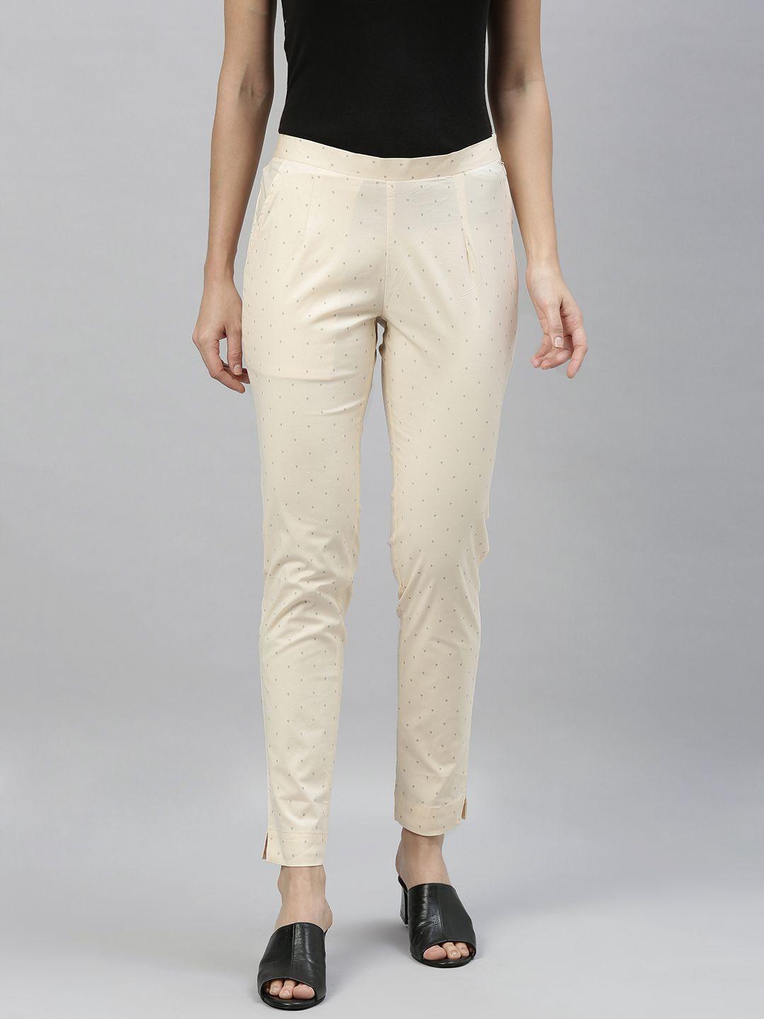 etiquette women beige slim fit printed regular trousers