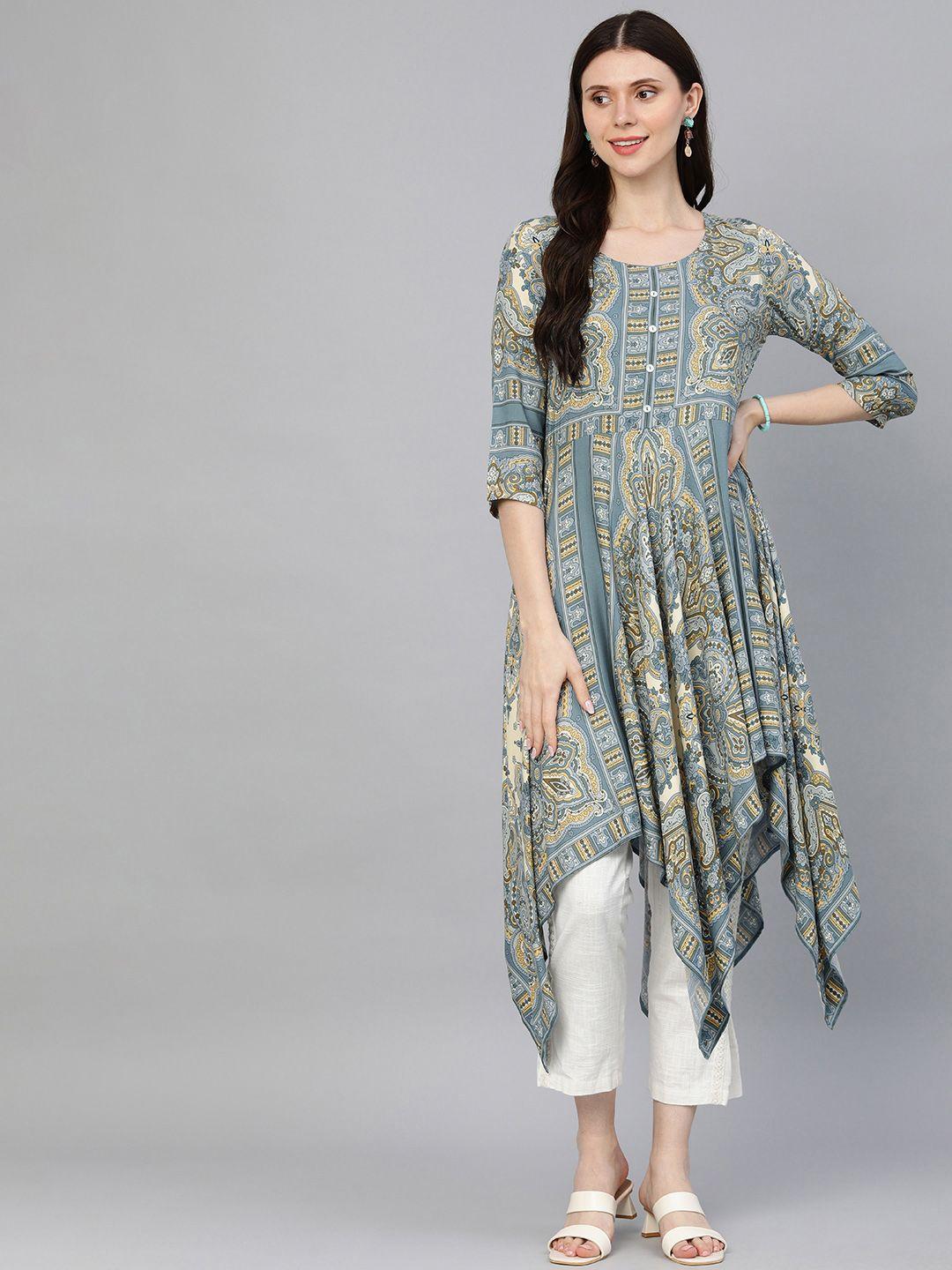 etiquette women blue & beige ethnic motifs printed asymmetric hem kurta