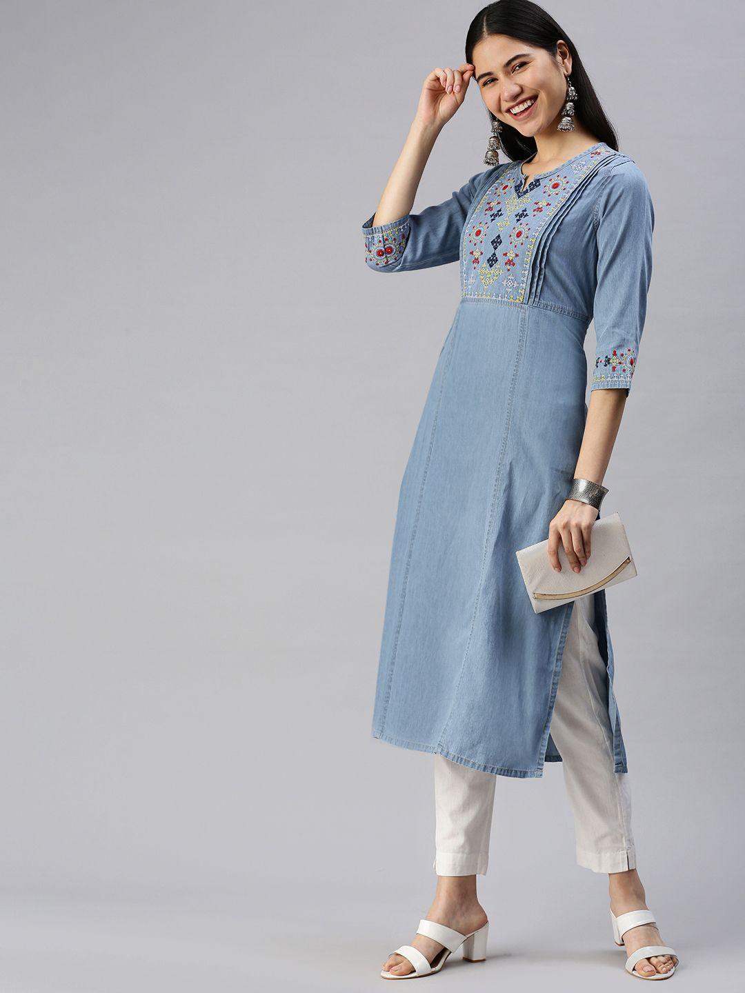 etiquette women blue ethnic motifs embroidered thread work denim kurta