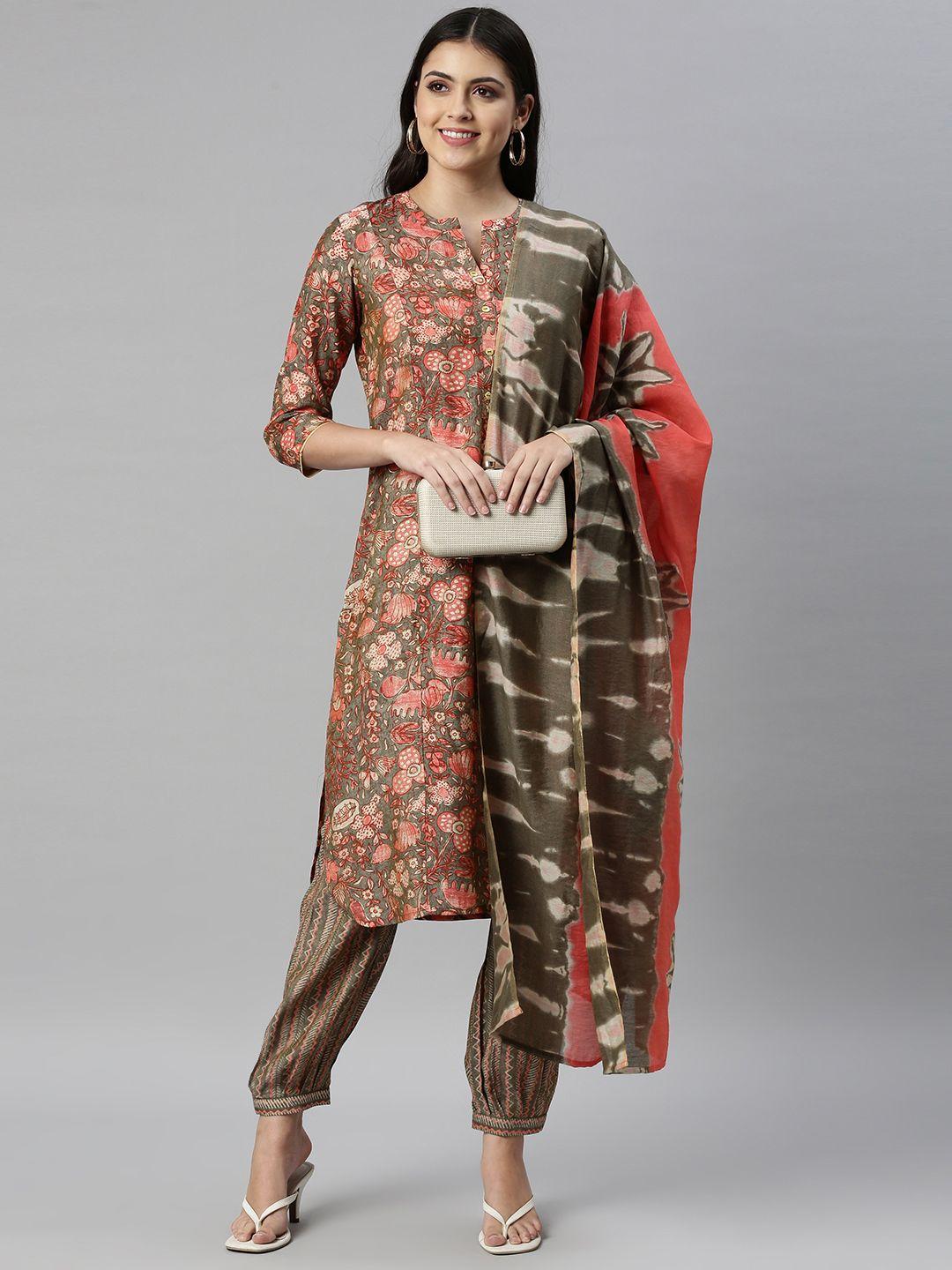 etiquette women brown & coral red printed pure cotton ajrak kurta with salwar & dupatta