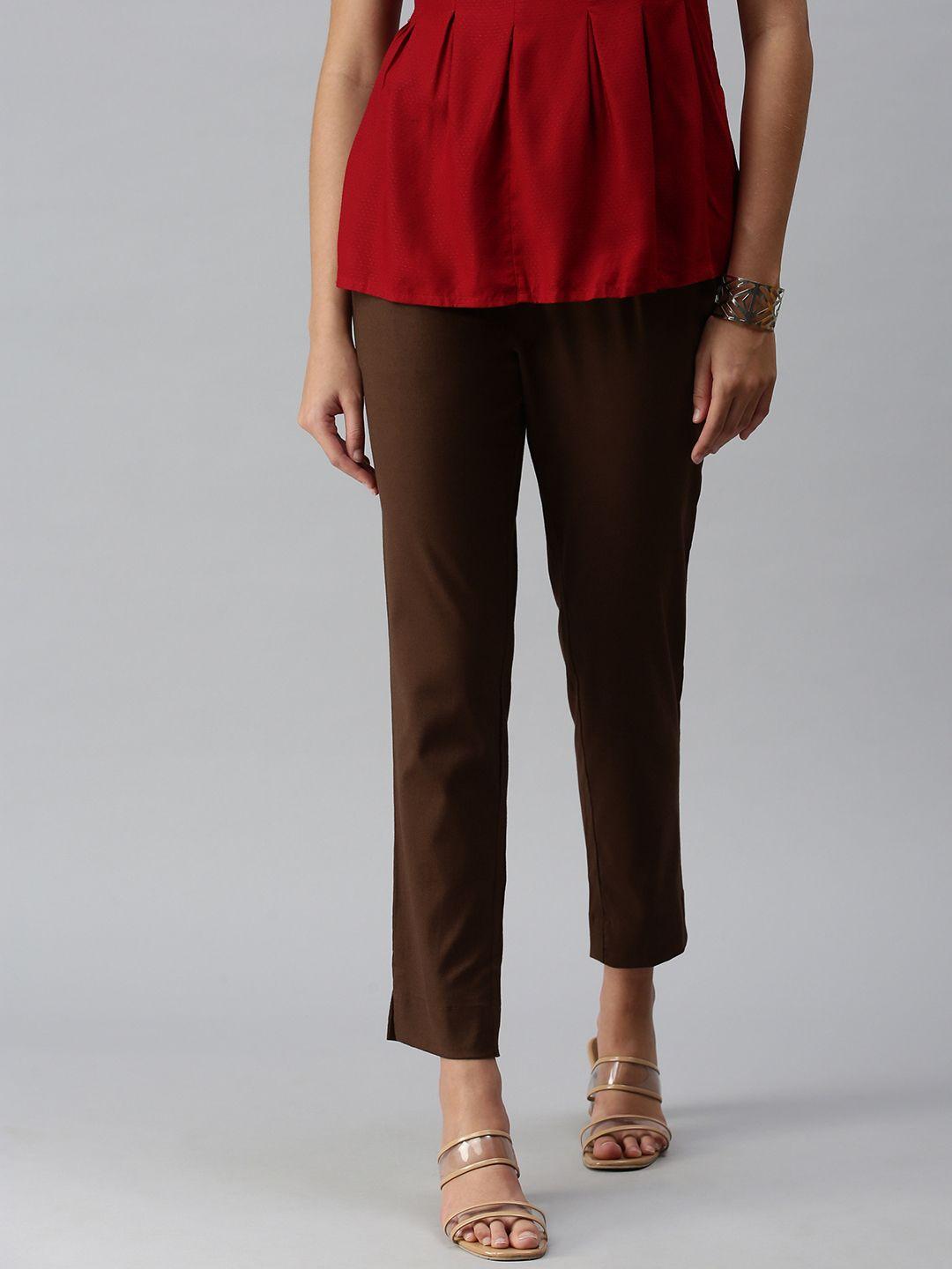etiquette women brown solid smart casual trousers