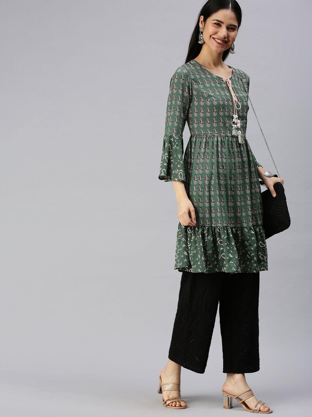 etiquette women green & beige ethnic motifs printed flared sleeves crepe kurta
