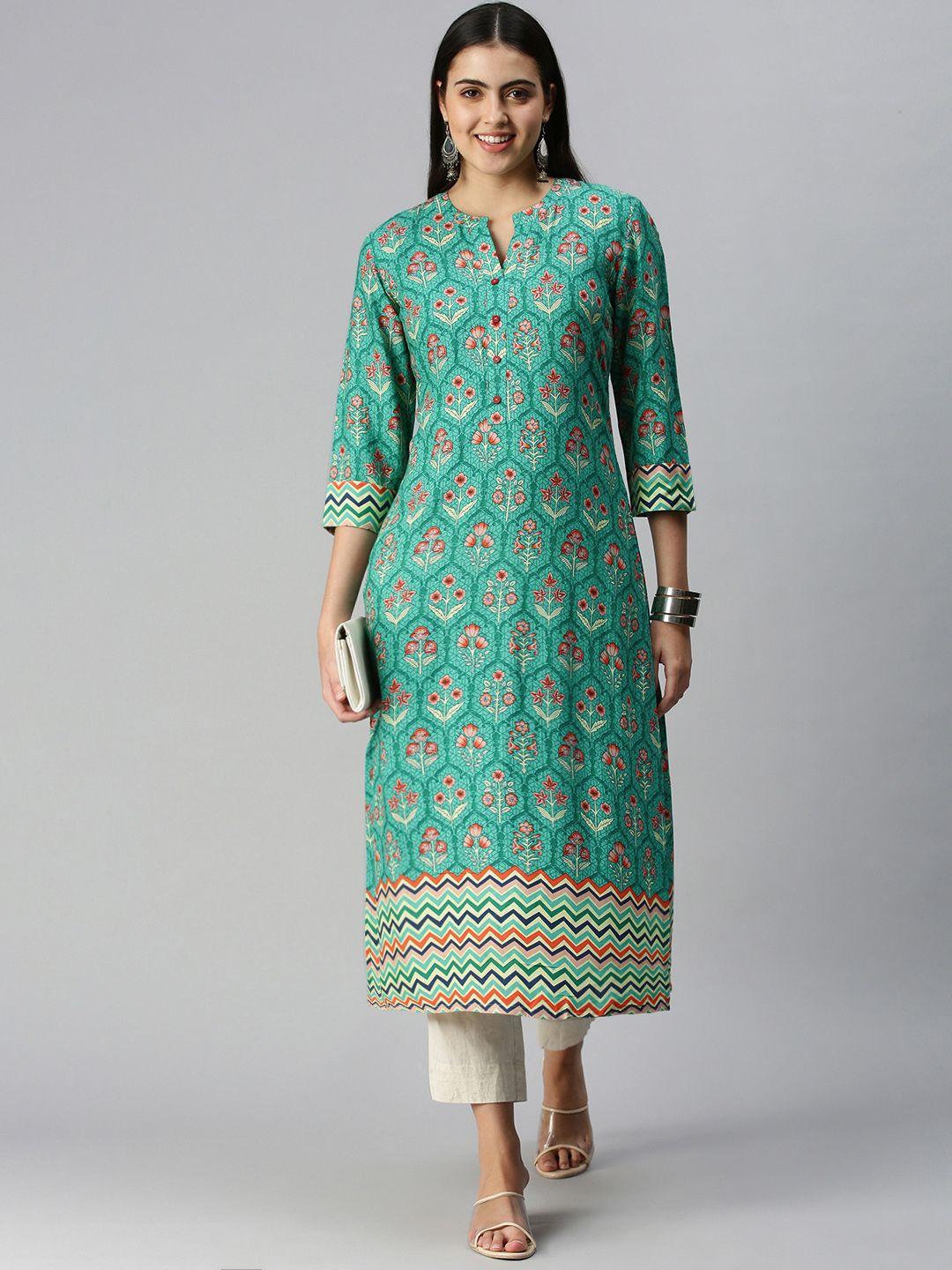 etiquette women green & orange ethnic motifs print straight kurta