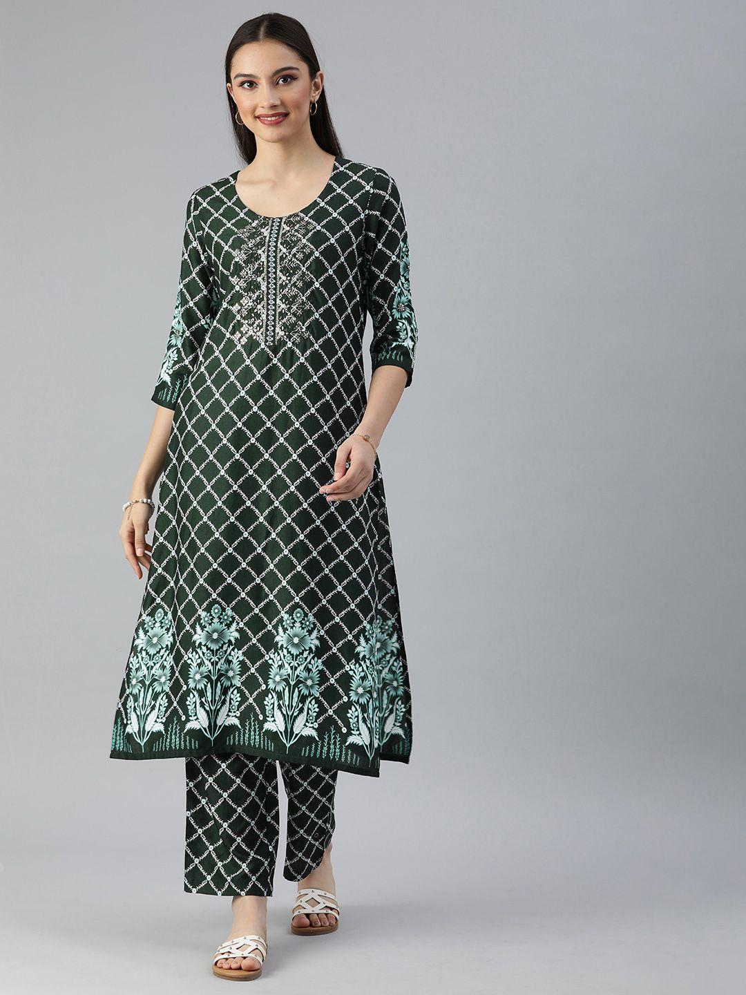 etiquette women green floral printed kurta with trousers