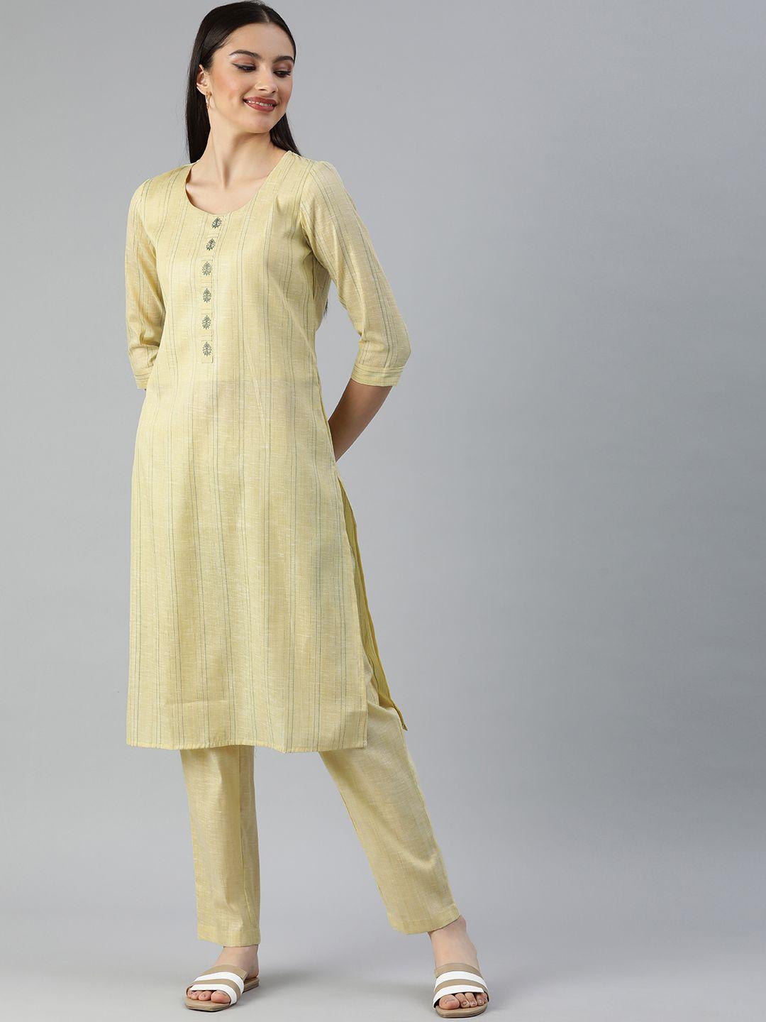 etiquette women green thread work pure cotton kurta with trousers