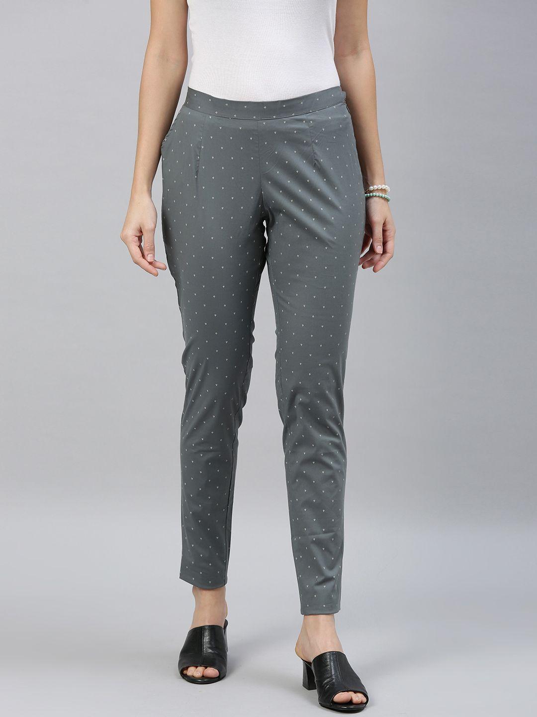 etiquette women grey slim fit printed regular trousers