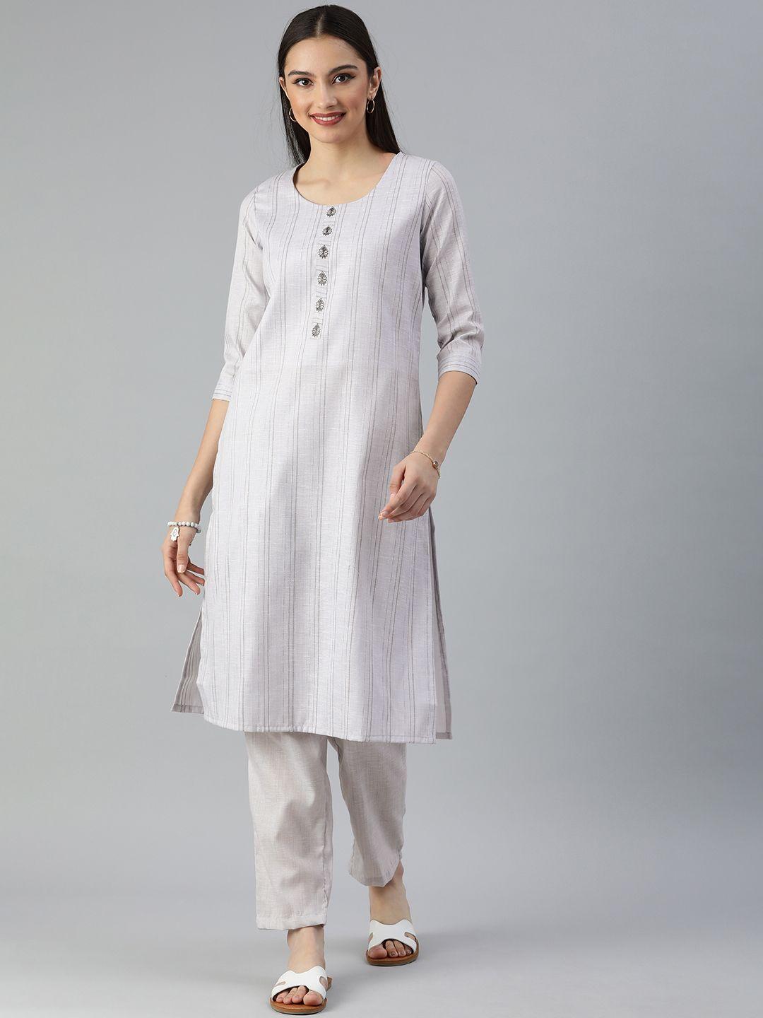 etiquette women grey thread work pure cotton kurta with trousers