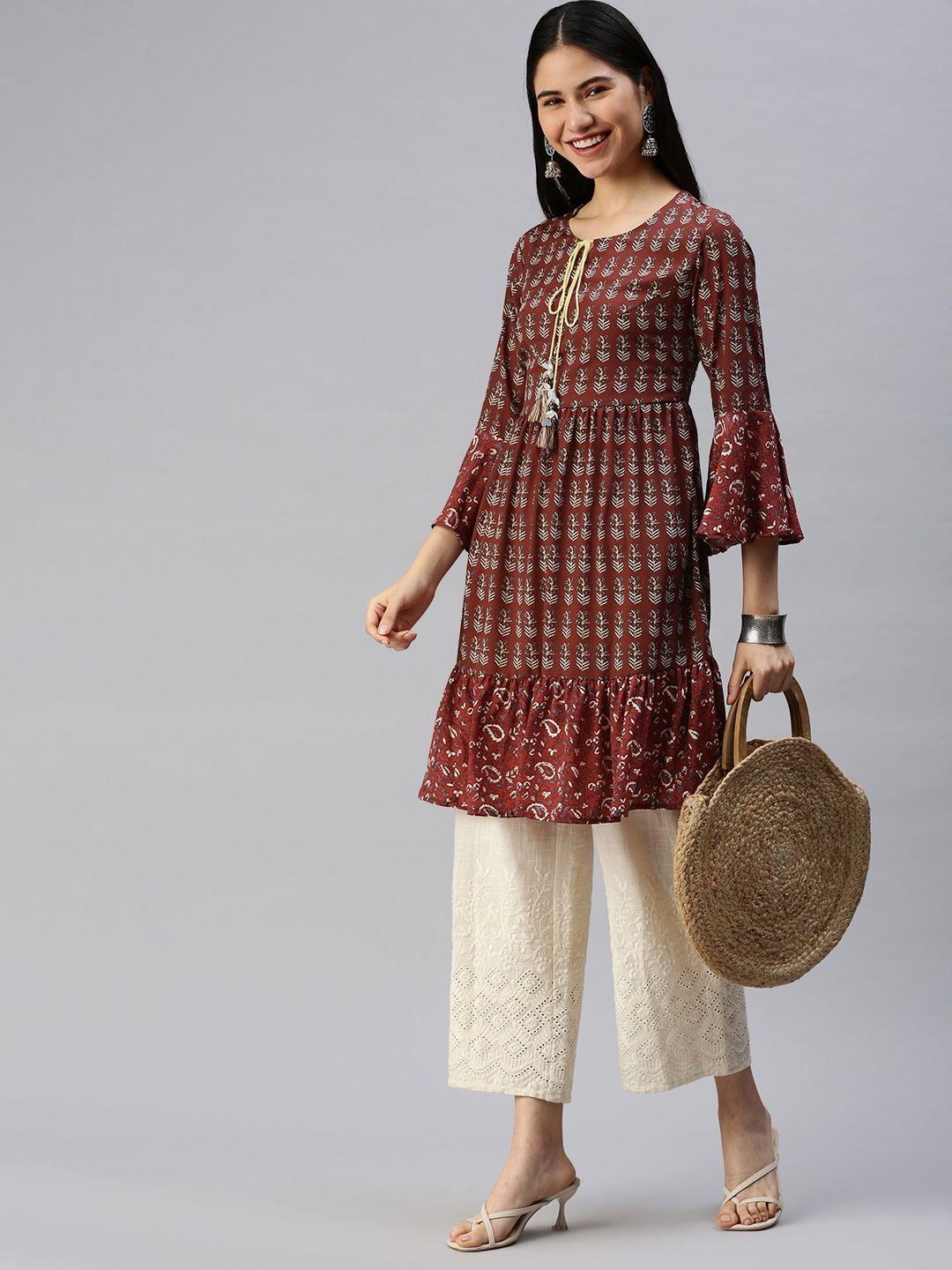 etiquette women maroon & beige ethnic motifs printed flared sleeves crepe kurta