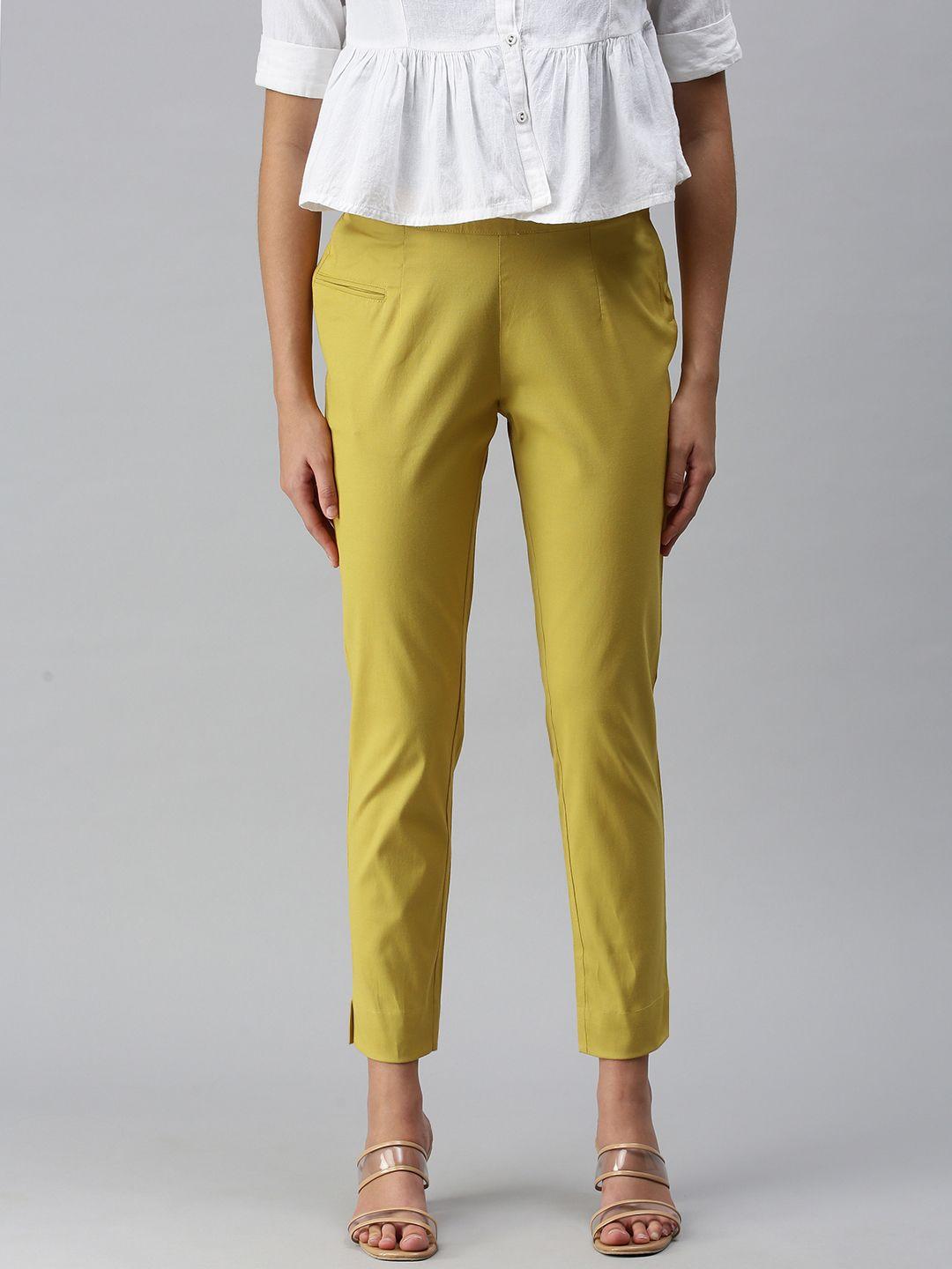 etiquette women mustard brown solid smart casual trousers