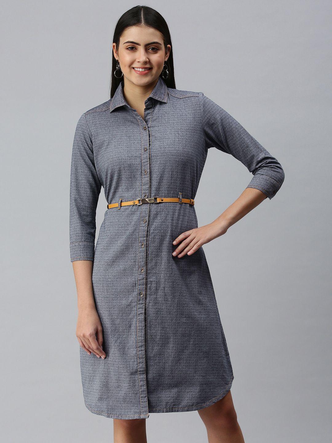 etiquette women navy blue geometric print shirt style a-line midi dress