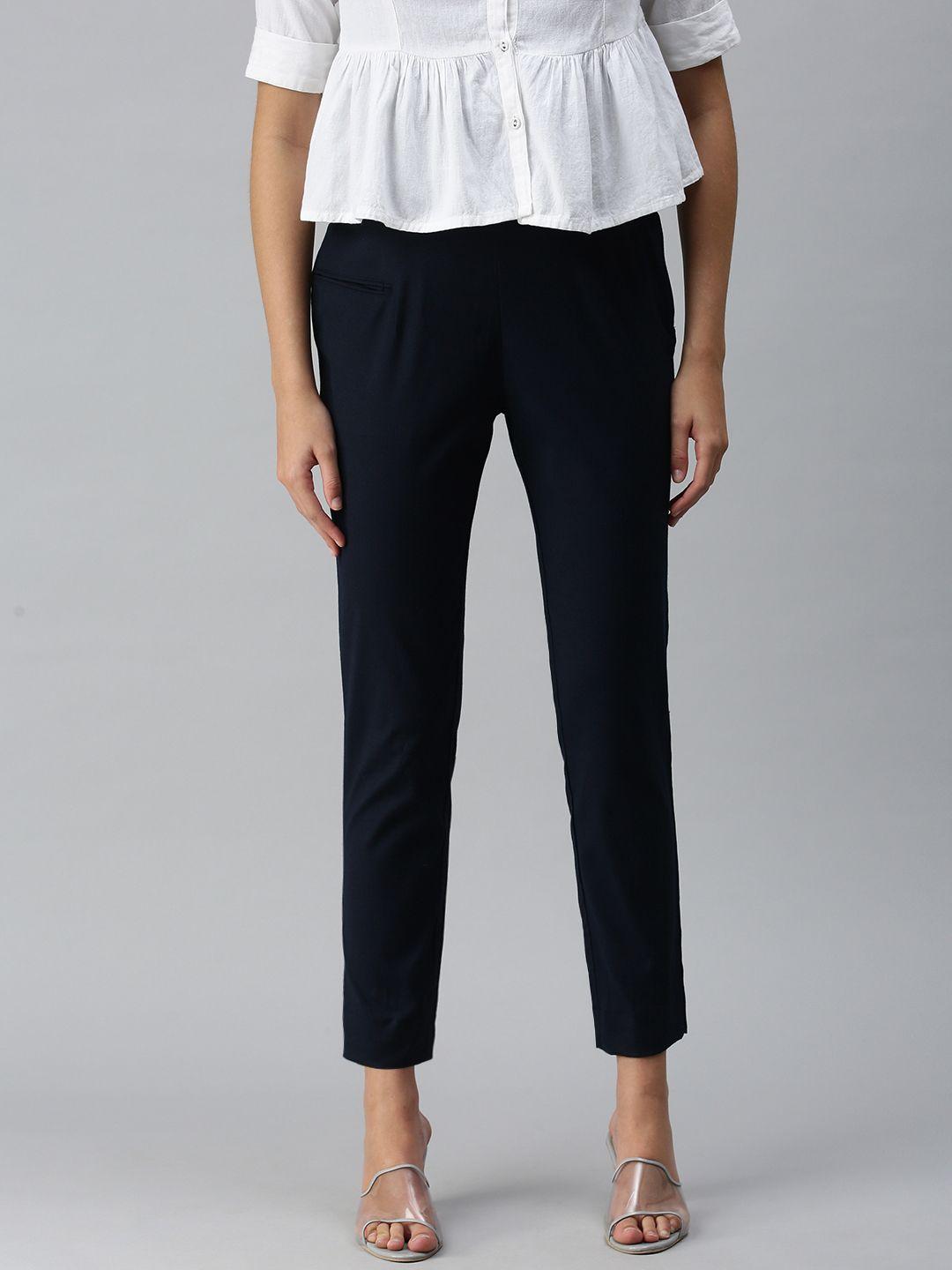etiquette women navy blue solid smart casual trousers