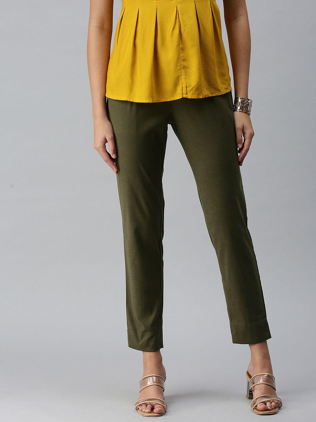 etiquette women olive green solid smart casual trousers