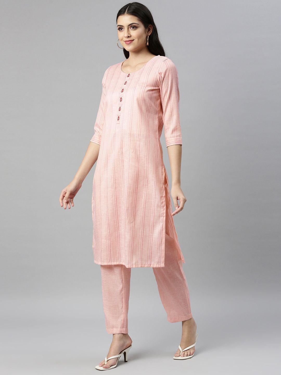 etiquette women pink thread work pure cotton kurta with palazzos