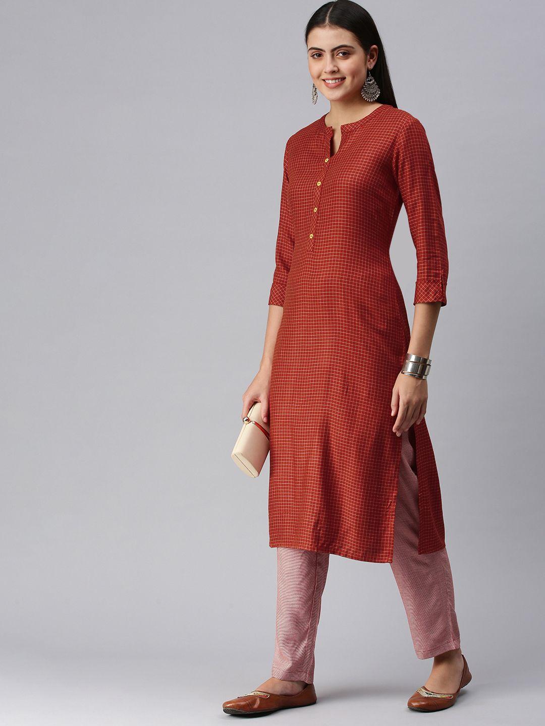 etiquette women red & white checked kurta with trousers