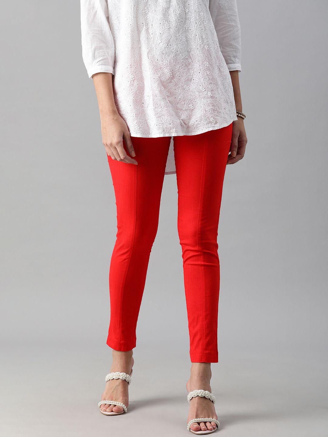 etiquette women red slim fit cigerette trousers