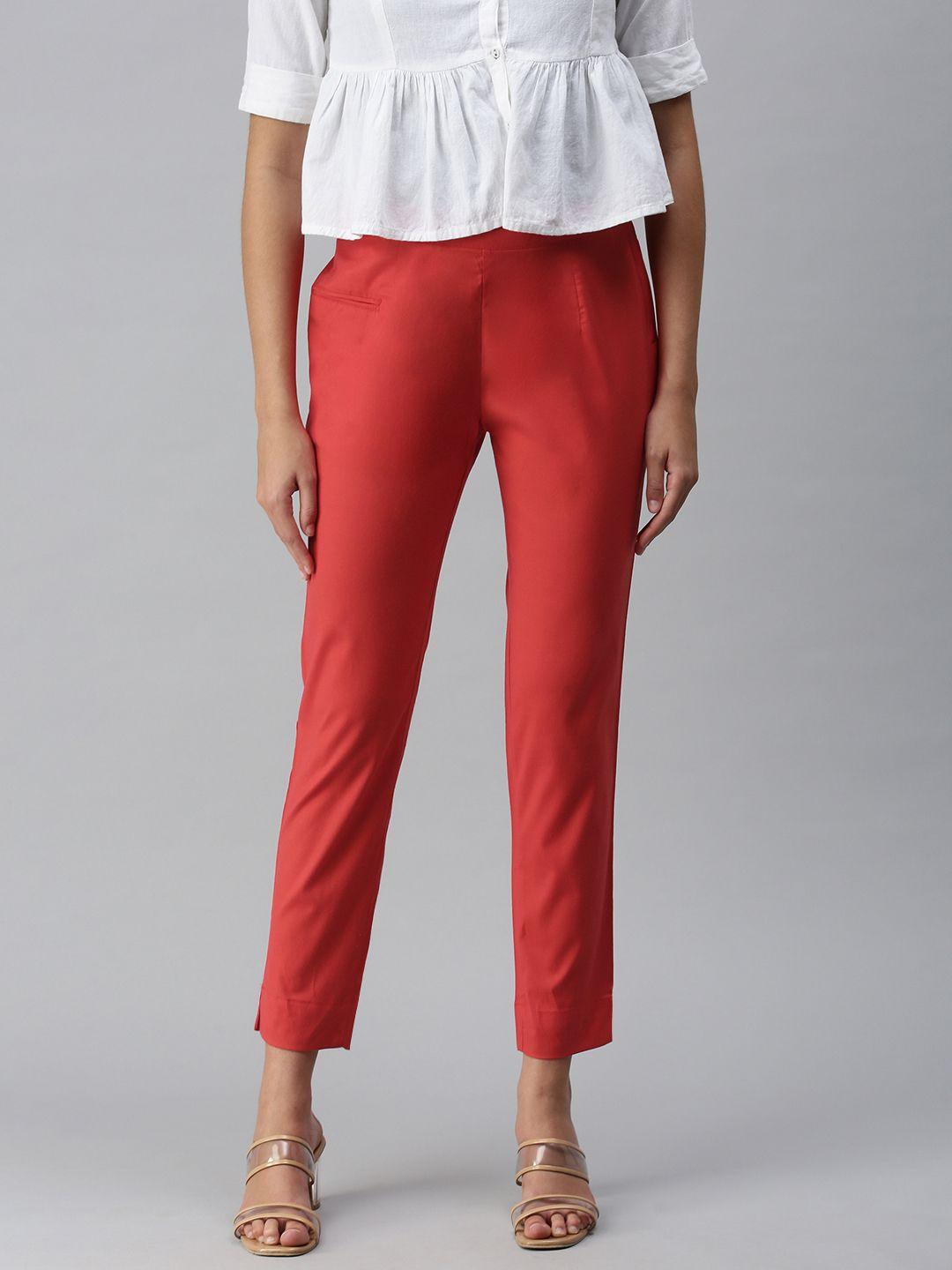 etiquette women rust red solid smart casual trousers