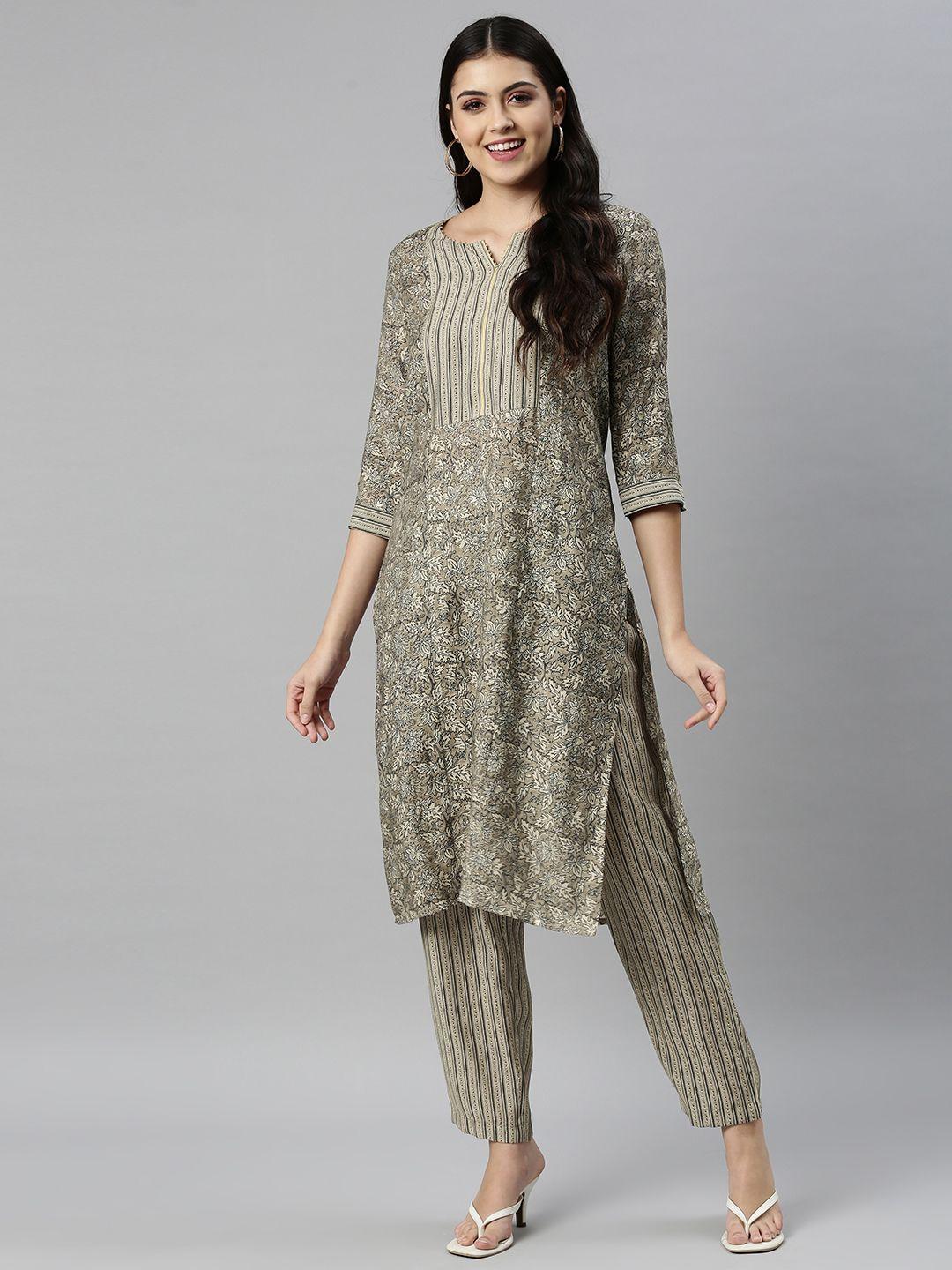 etiquette women taupe ethnic motifs printed kurta with palazzos