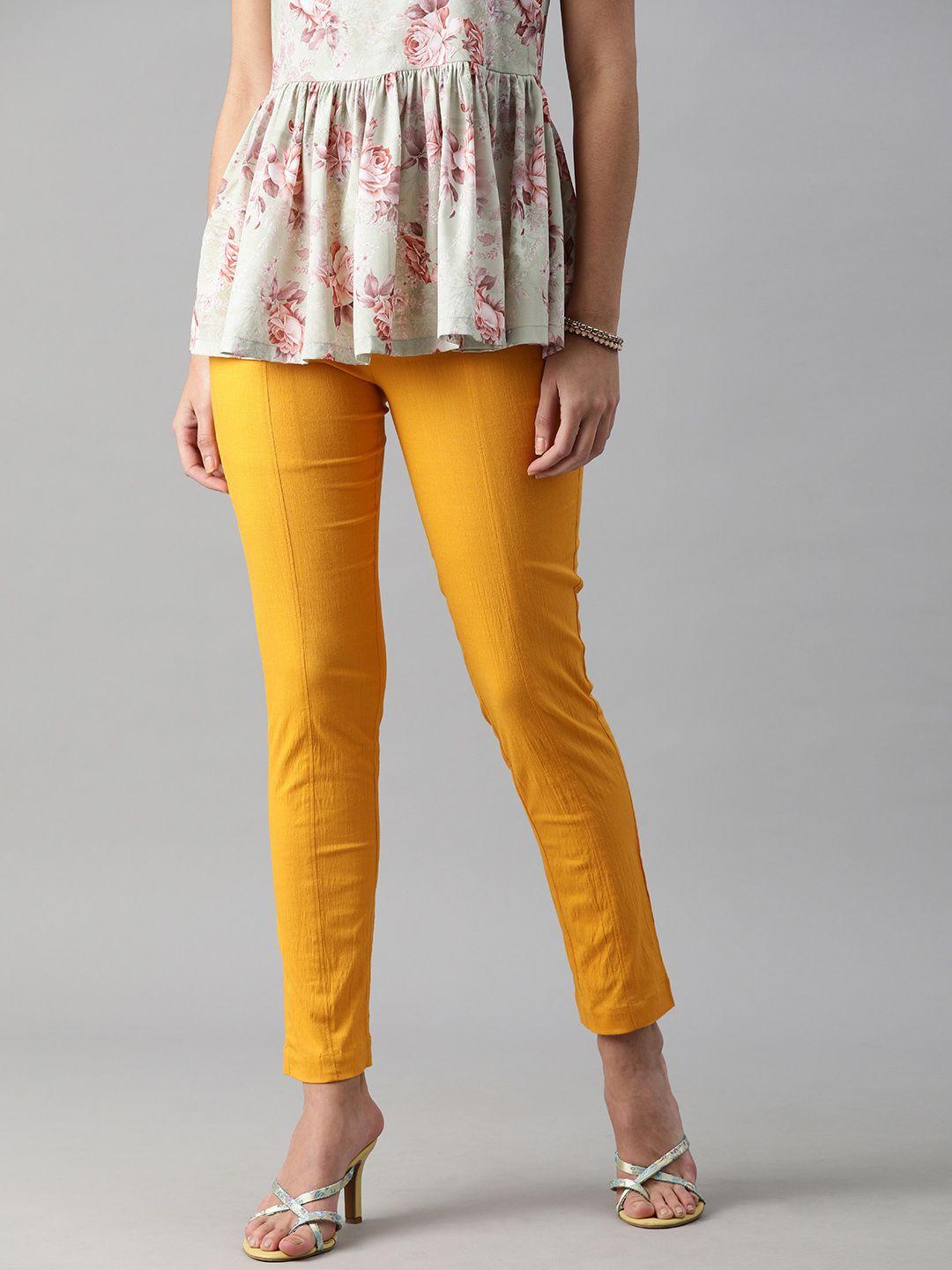 etiquette women yellow slim fit trousers