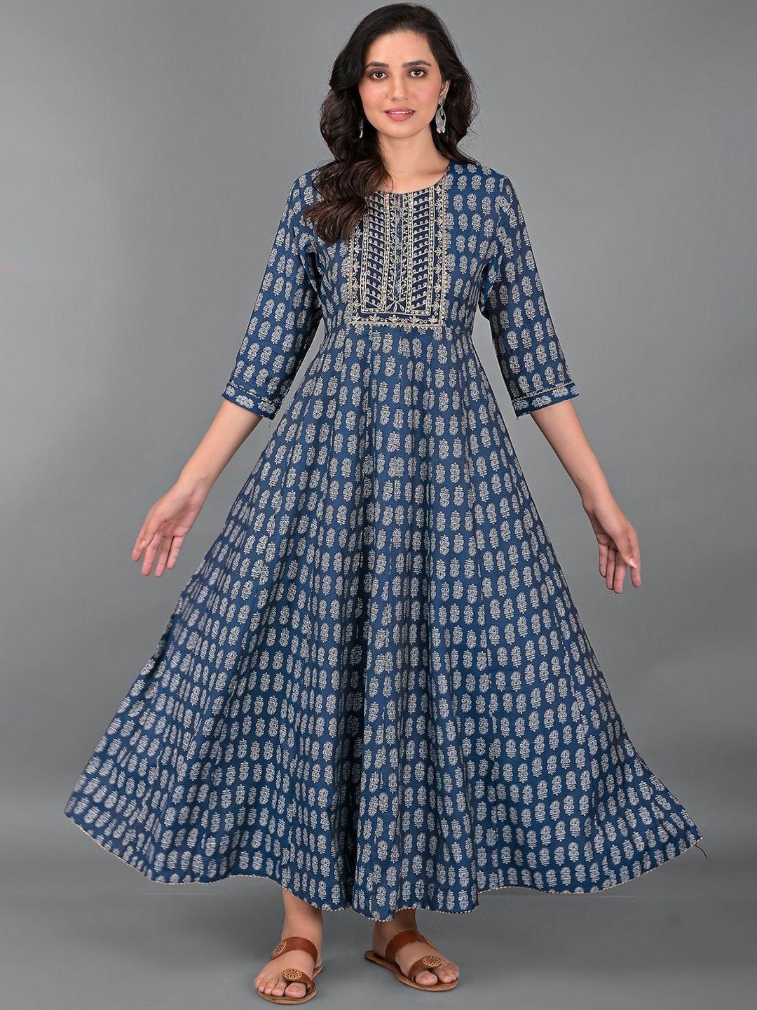 etnicawear blue ethnic motifs pure muslin maxi dress
