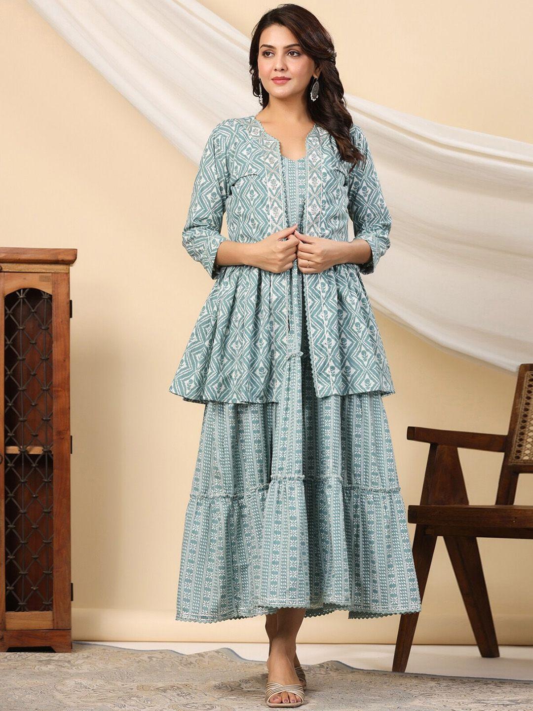 etnicawear ethnic motifs printed tiered fit & flare pure cotton ethnic dress with jacket