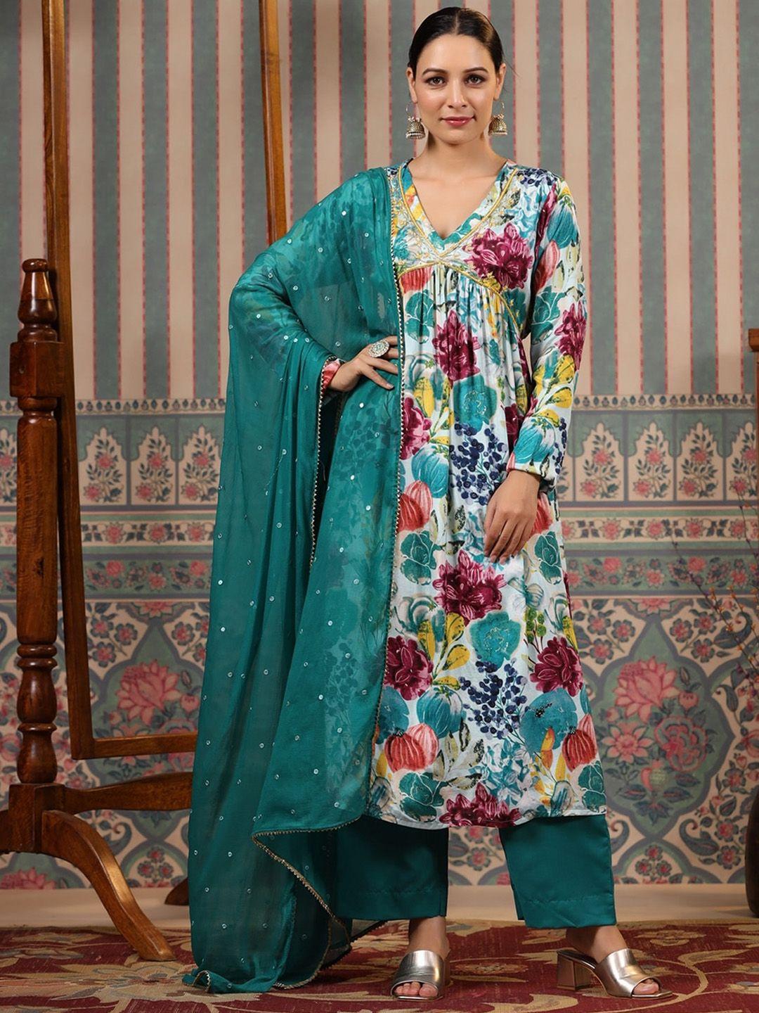 etnicawear floral printed empire pure silk kurta with trousers & dupatta