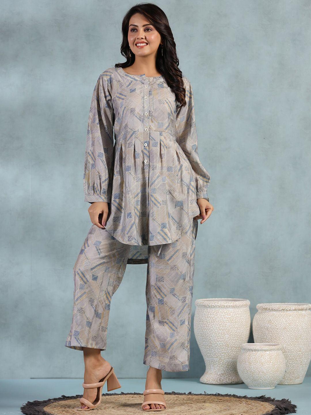 etnicawear abstract block printed puff sleeves a-line kurti with palazzos