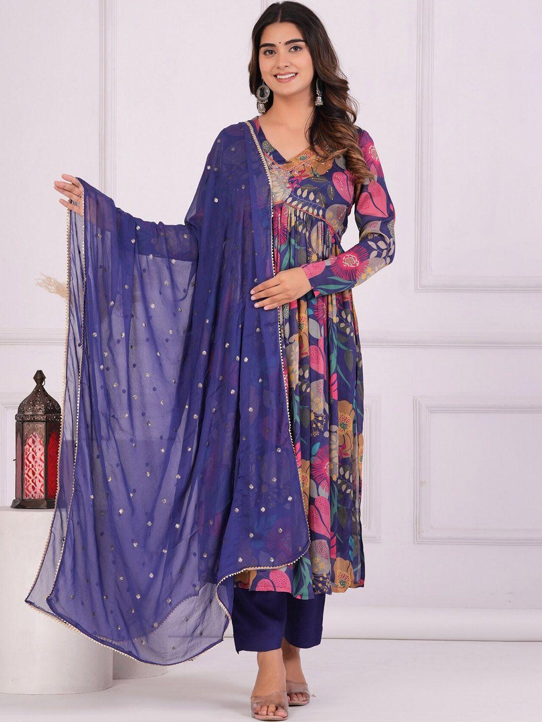 etnicawear blue floral printed empire pure silk kurta with trousers & dupatta