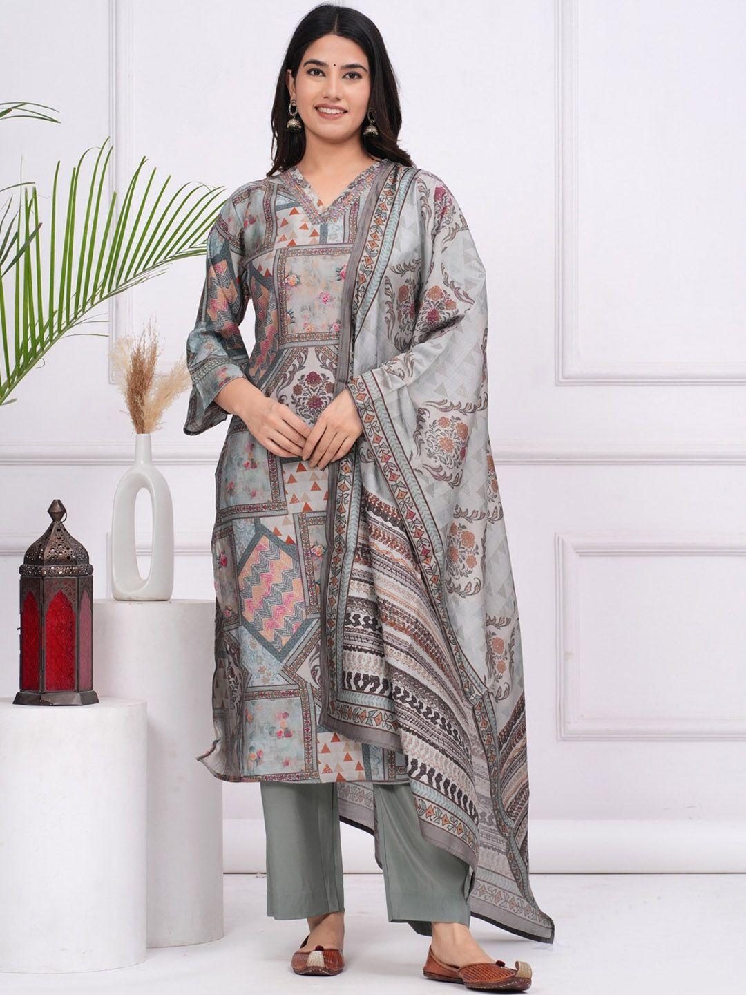 etnicawear ethnic motifs printed pure silk straight kurta & trousers with dupatta