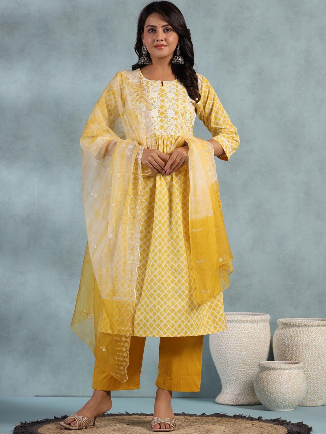 etnicawear floral embroidered sequined a-line pure cotton kurta with trousers & dupatta