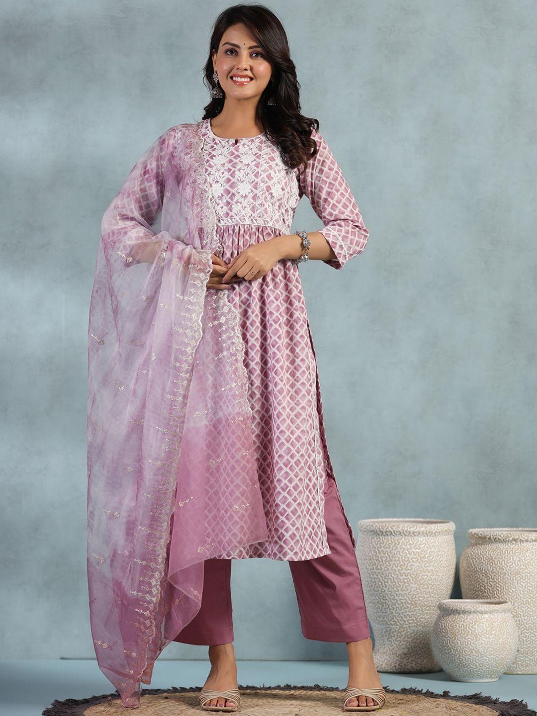 etnicawear floral embroidered sequined a-line pure cotton kurta with trousers & dupatta