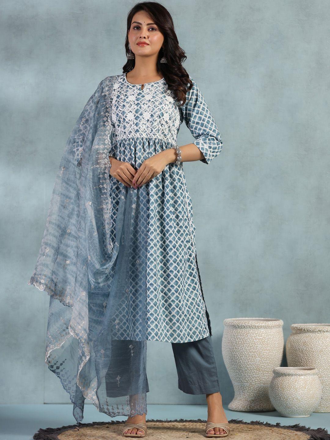 etnicawear floral embroidered sequined a-line pure cotton kurta with trousers & dupatta