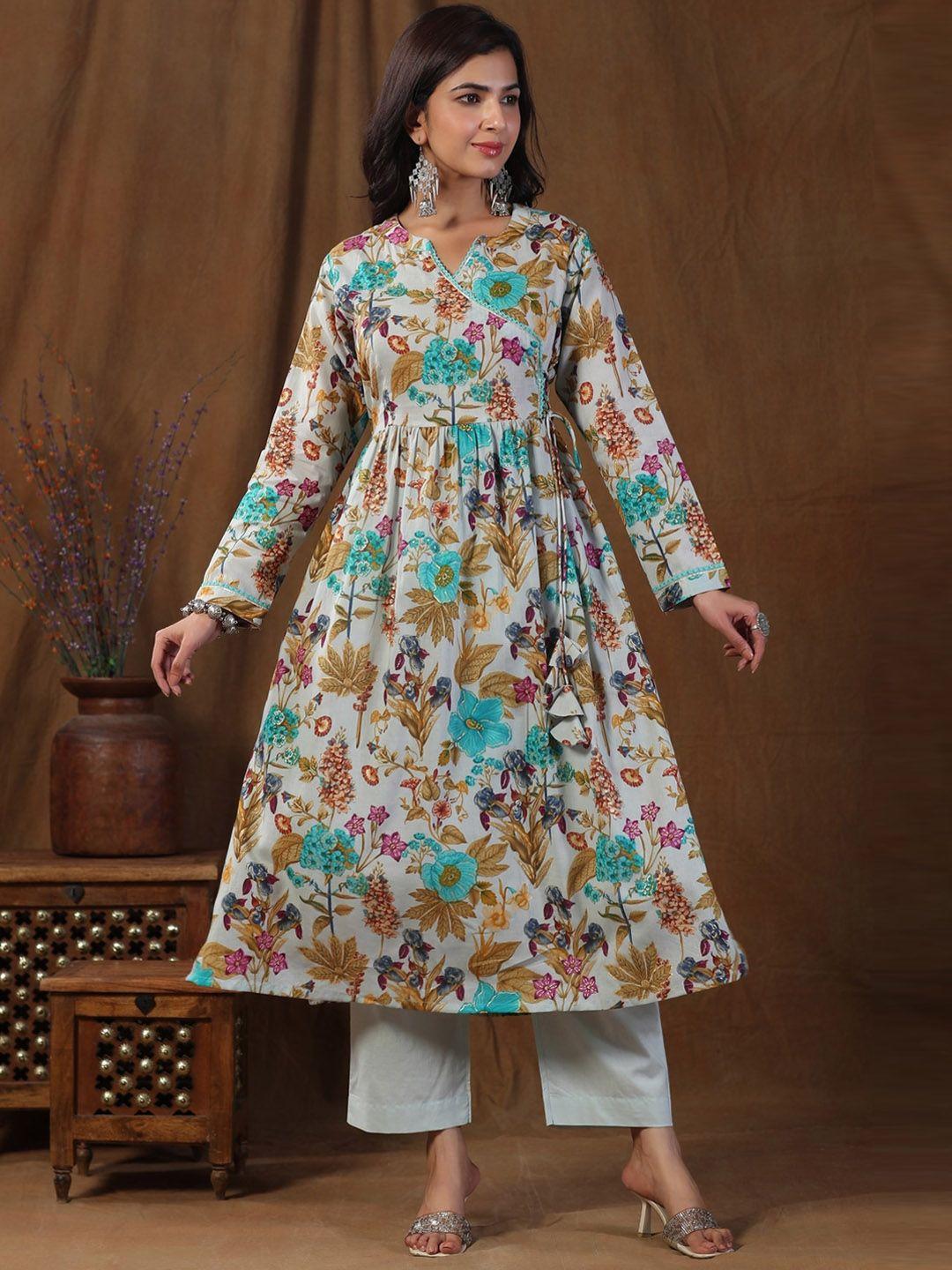 etnicawear floral printed anarkali pure cotton kurta with trousers