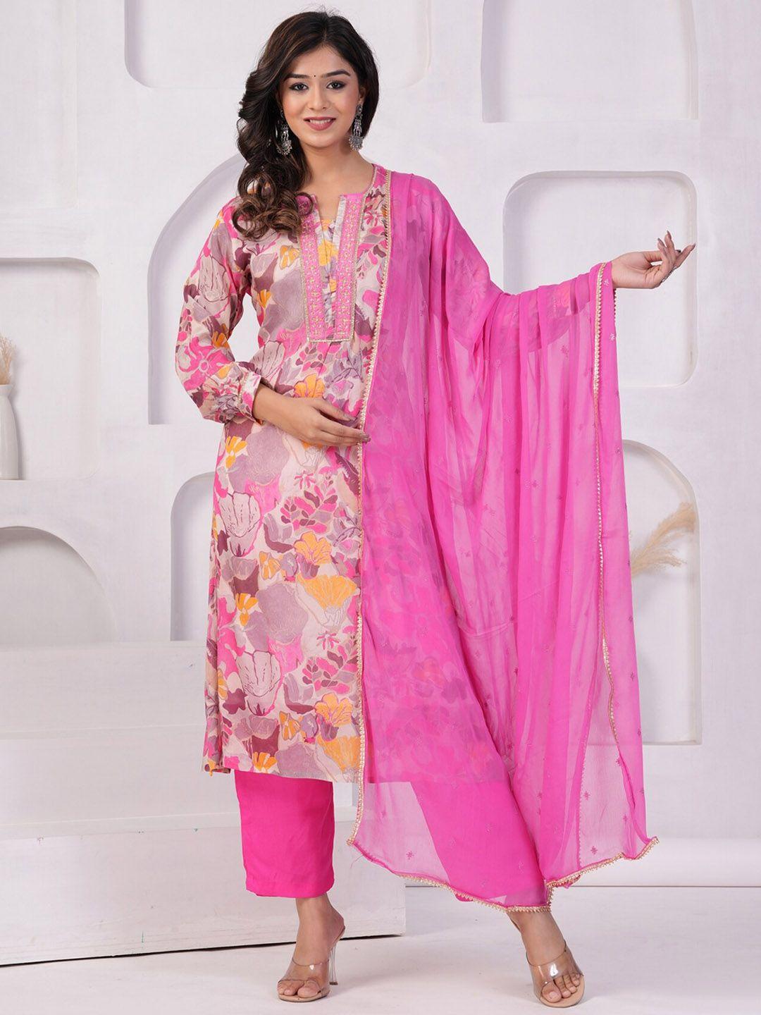 etnicawear floral printed beads and stones kurta with trousers & dupatta