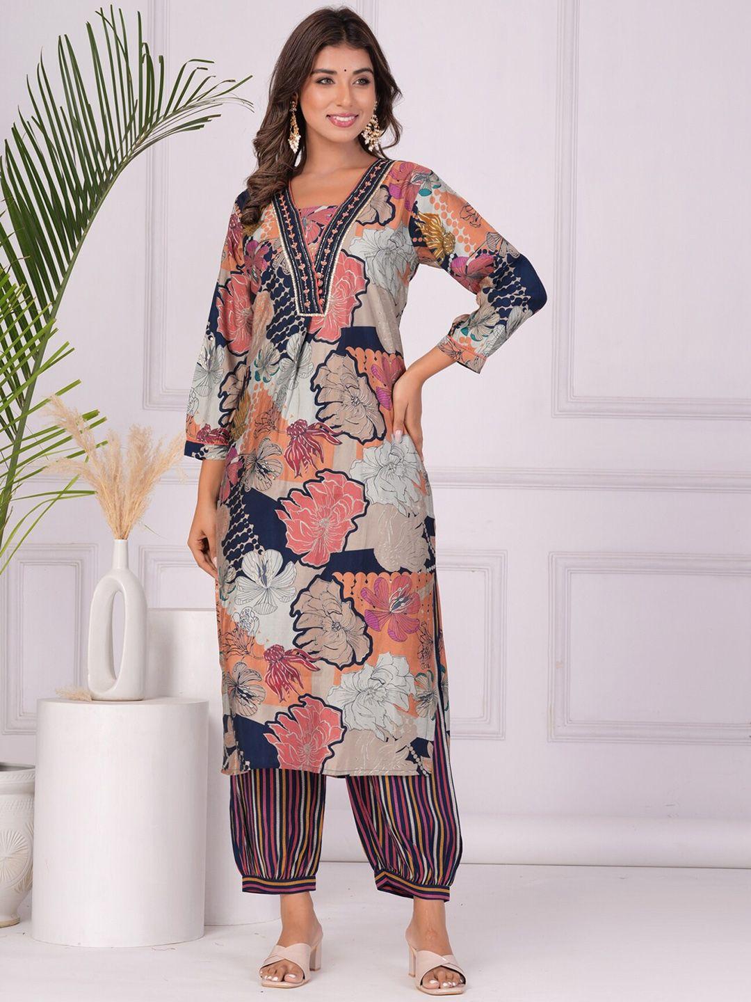etnicawear floral printed beads and stones pure silk kurta & trousers with dupatta
