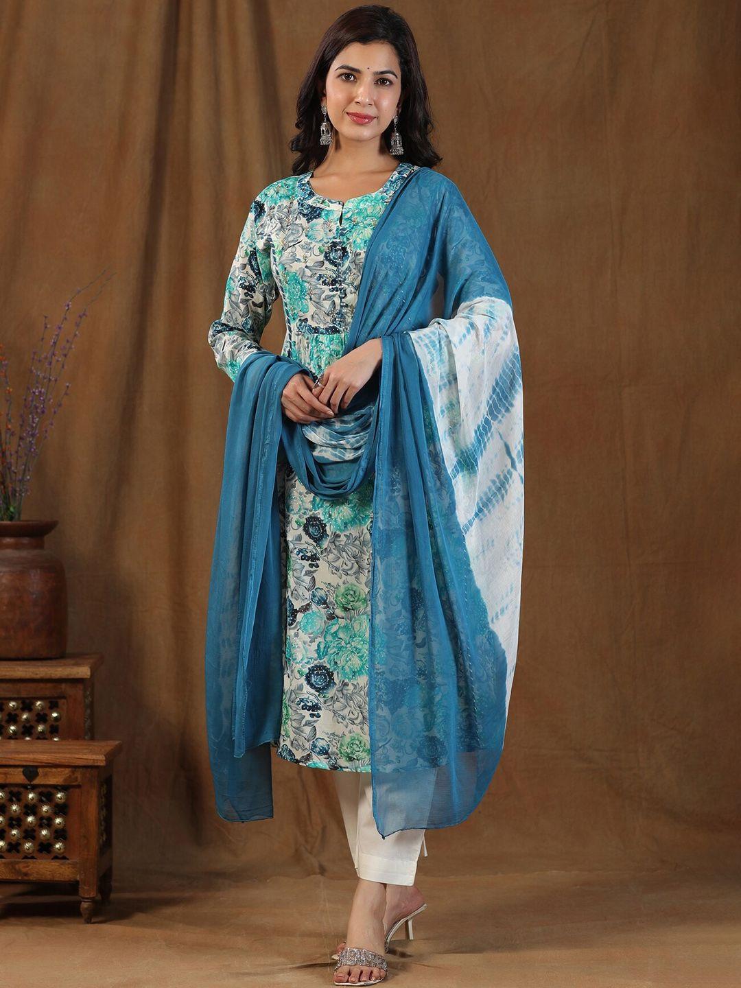 etnicawear floral printed beads detail a-line pure cotton kurta with trousers & dupatta