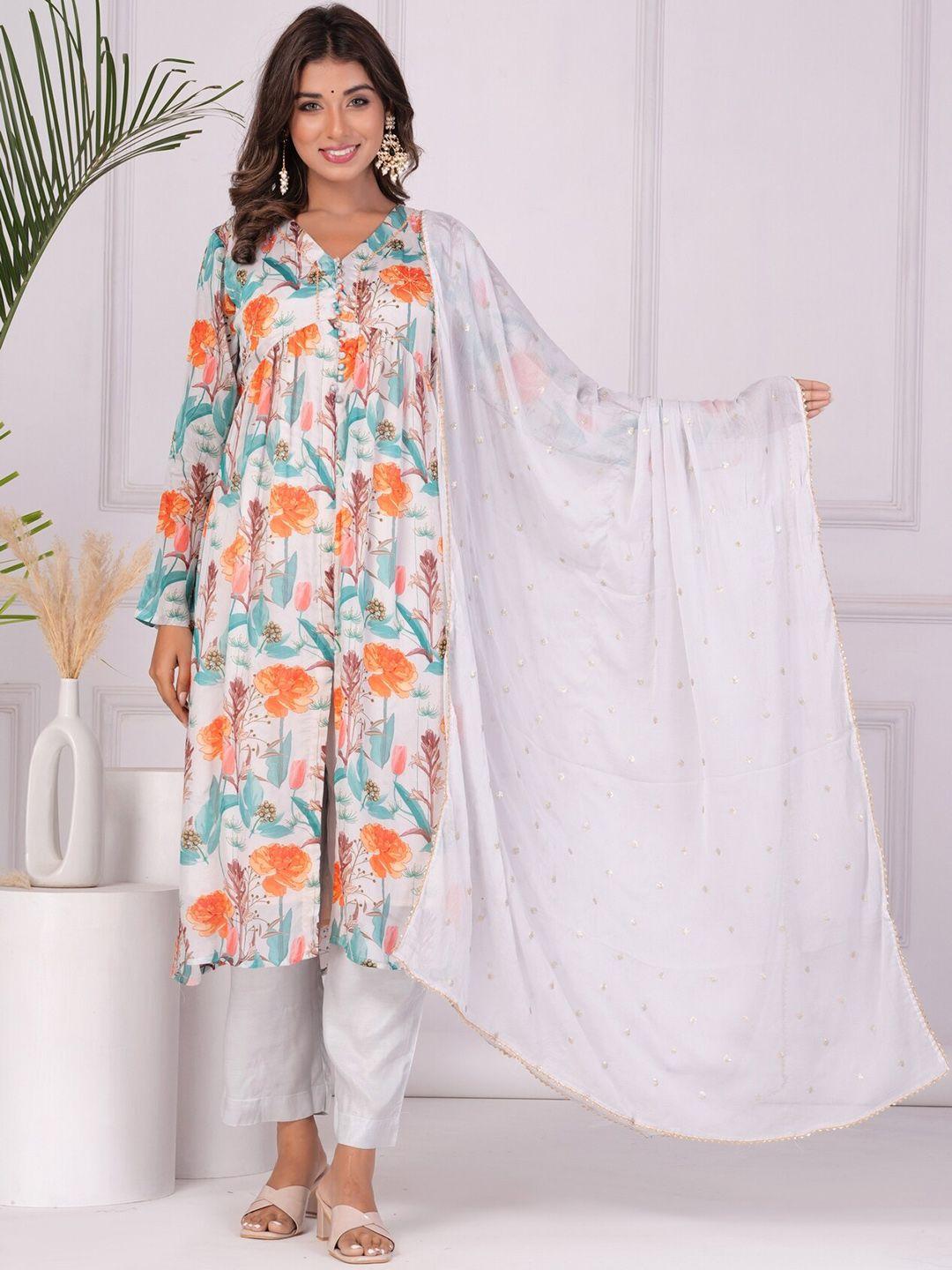 etnicawear floral printed empire beads and stones pure silk kurta & pyjamas with dupatta