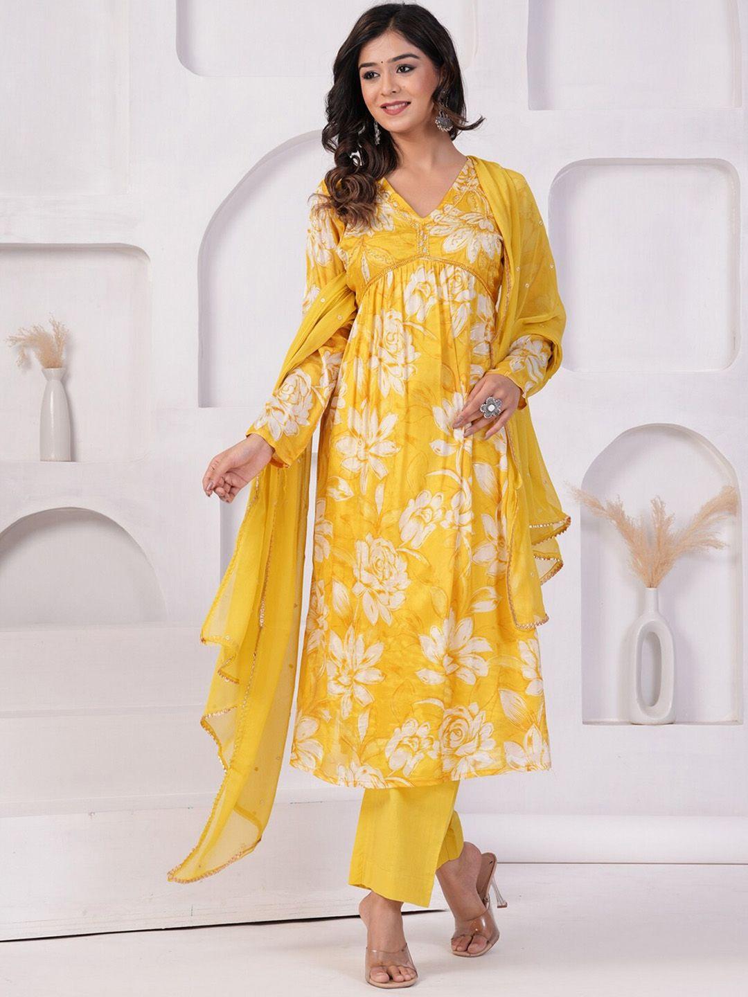 etnicawear floral printed high slit beads and stones kurta with trousers & dupatta