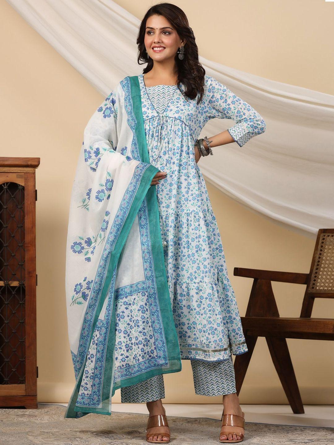 etnicawear floral printed layered pure cotton kurta with palazoos & dupatta