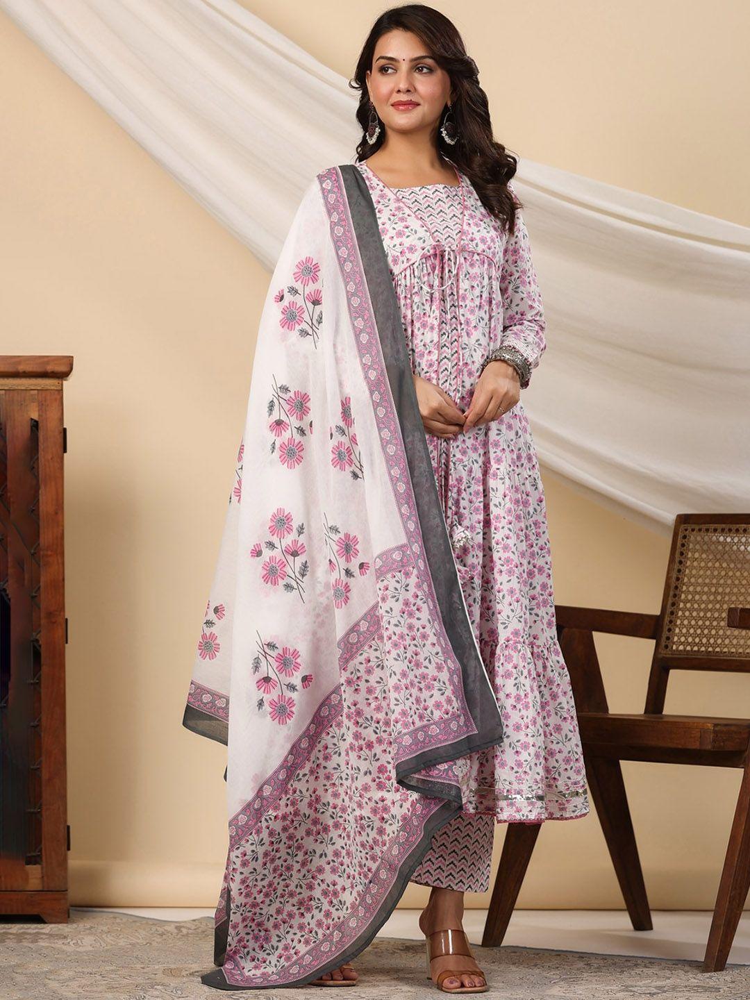 etnicawear floral printed layered pure cotton kurta with palazzos & dupatta