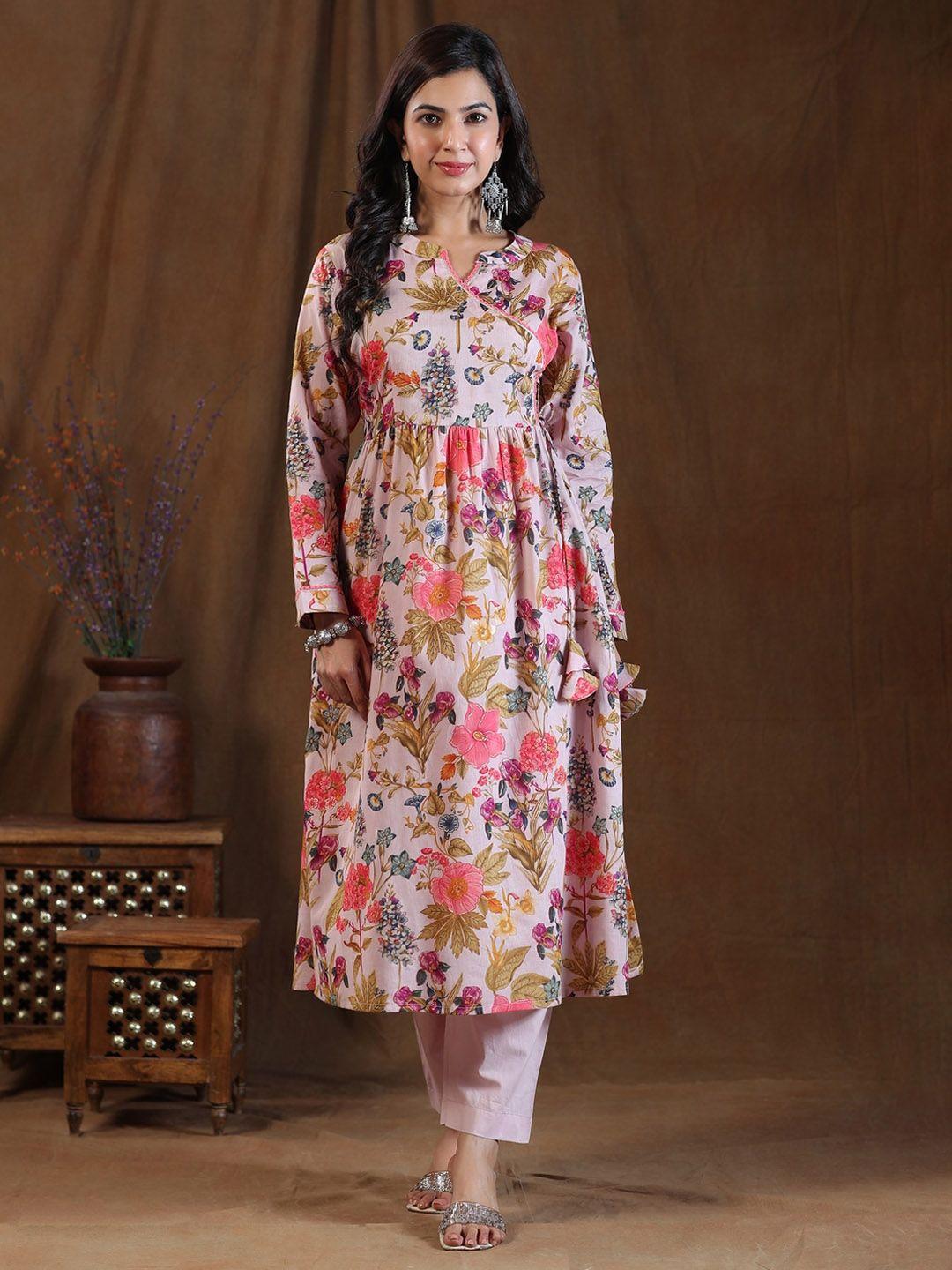 etnicawear floral printed notched neck pure cotton angrakha kurta with trousers