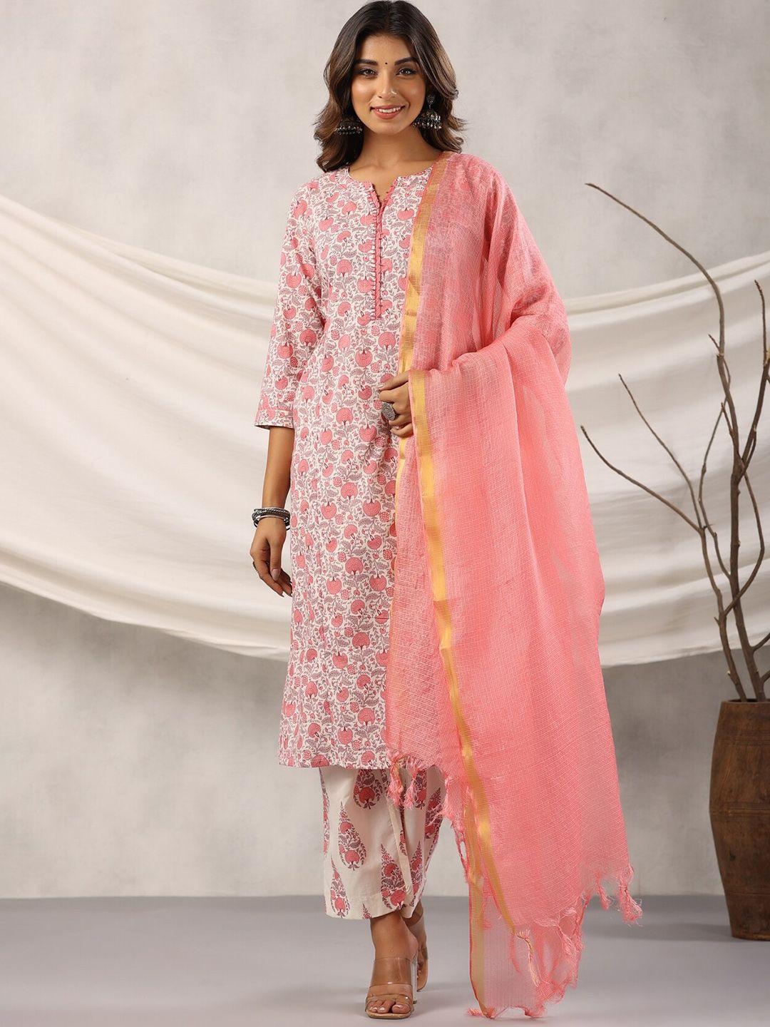 etnicawear floral printed notched neck pure cotton kurta with trousers & dupatta