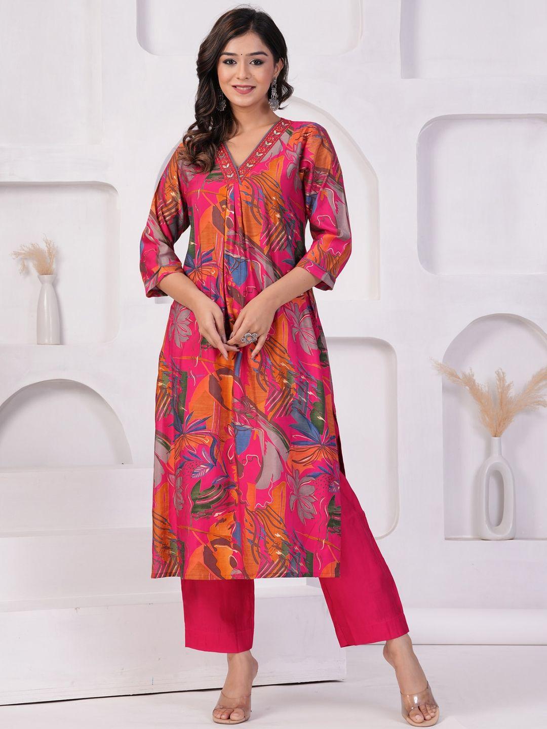 etnicawear floral printed pleated beads and stones kurta with trousers