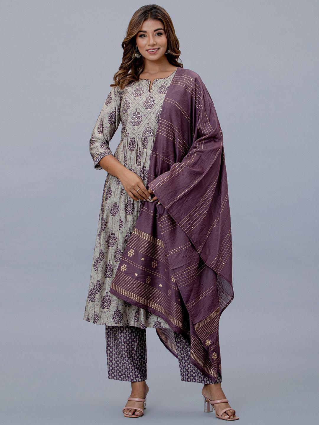 etnicawear floral printed pleated pure cotton kurta with trousers & dupatta