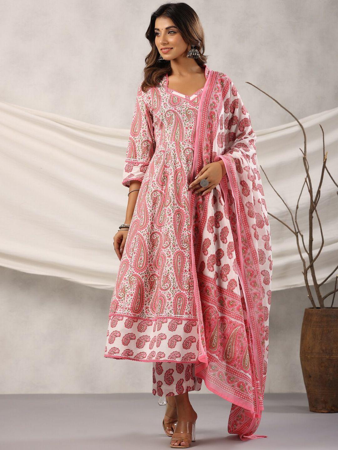 etnicawear floral printed pure cotton anarkali kurta with trousers & dupatta