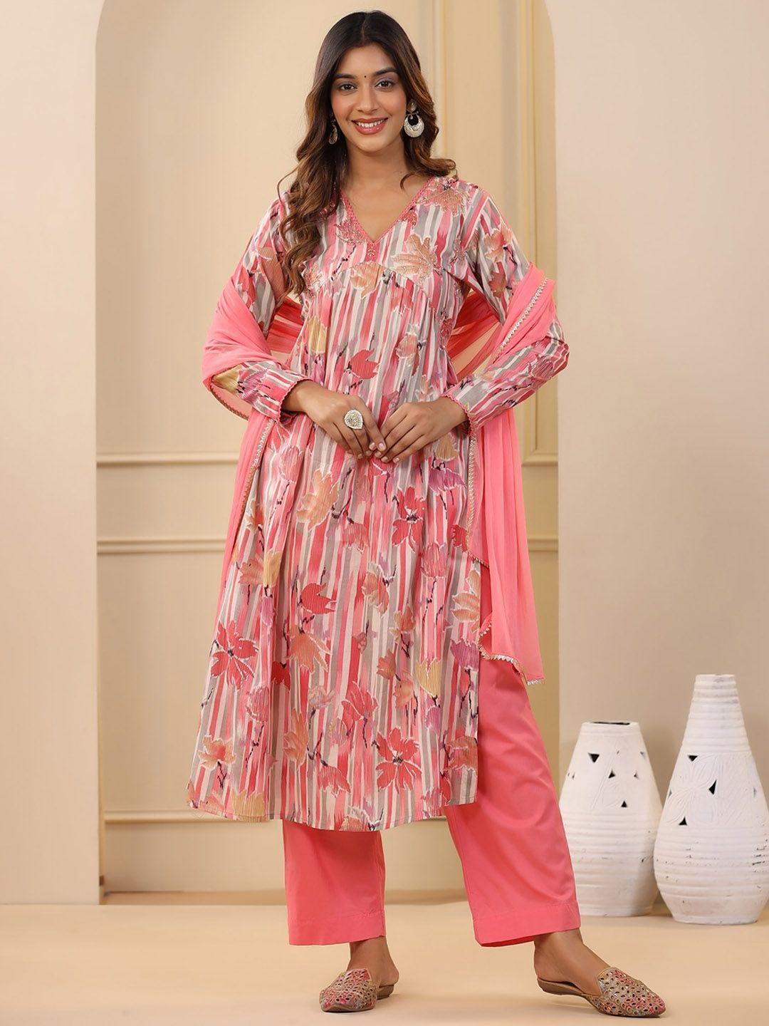 etnicawear floral printed pure cotton empire kurta & trousers with dupatta