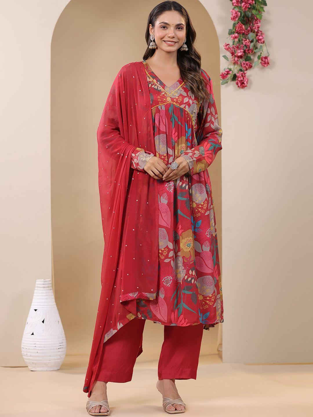 etnicawear floral printed pure silk a-line kurta with pyjamas & with dupatta