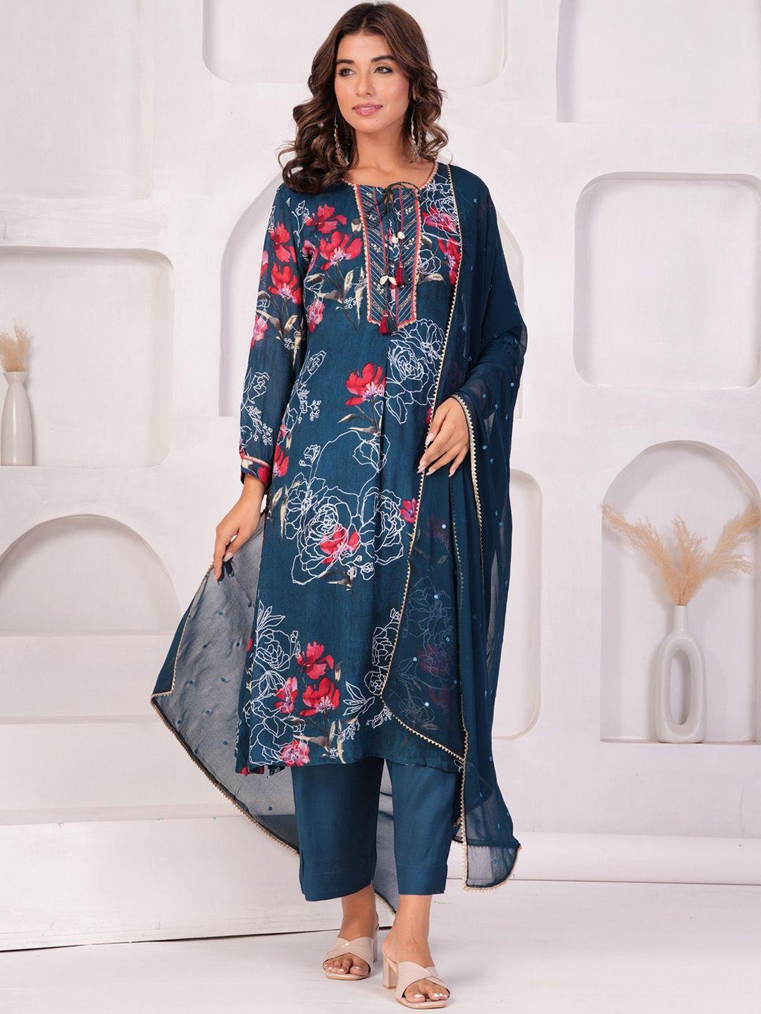 etnicawear floral printed regular kurta with trousers & dupatta