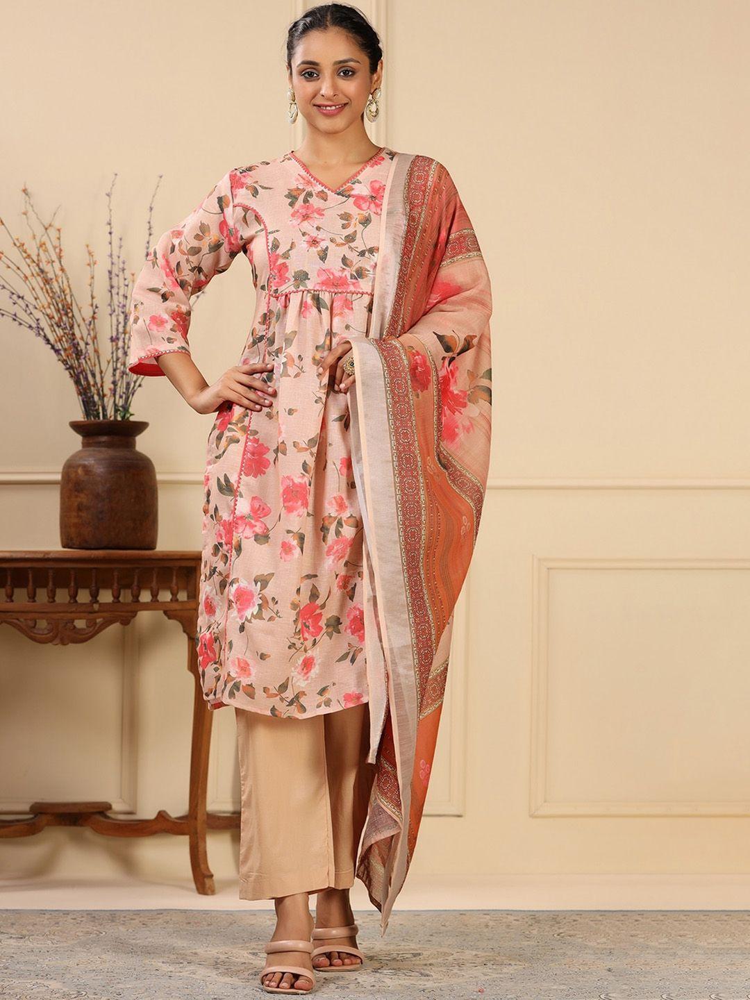 etnicawear floral printed regular pure silk kurta & trousers with dupatta