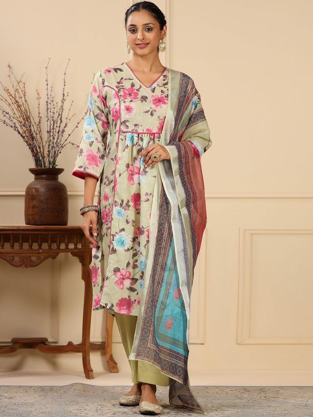 etnicawear floral printed regular pure silk kurta & trousers with dupatta