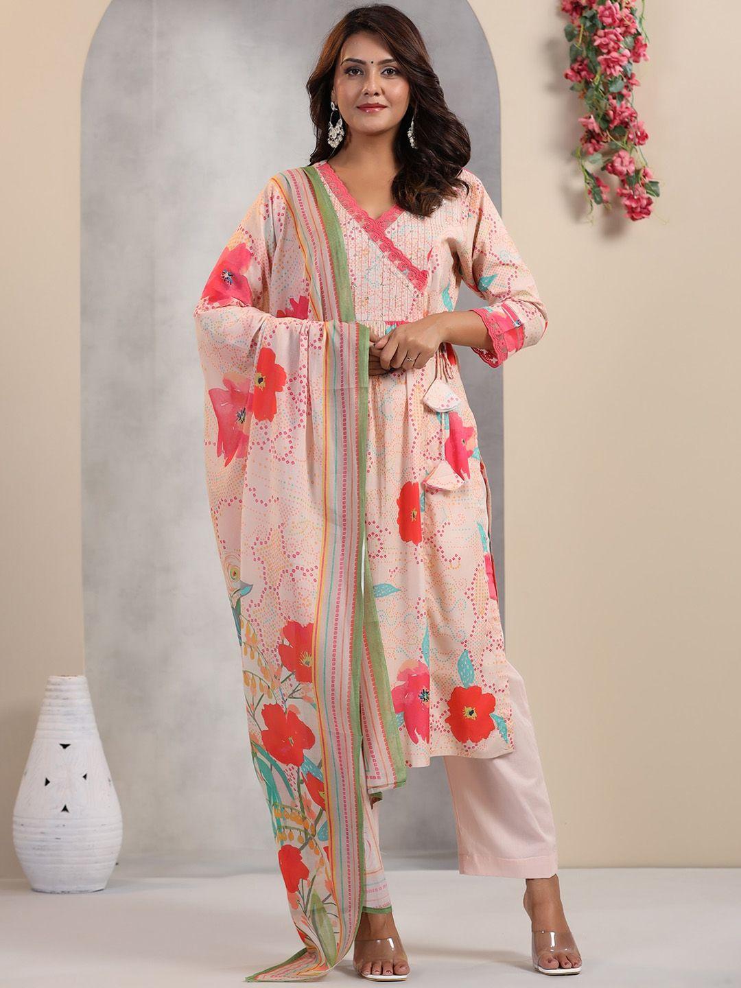 etnicawear floral printed regular thread work pure silk kurta & trousers with dupatta